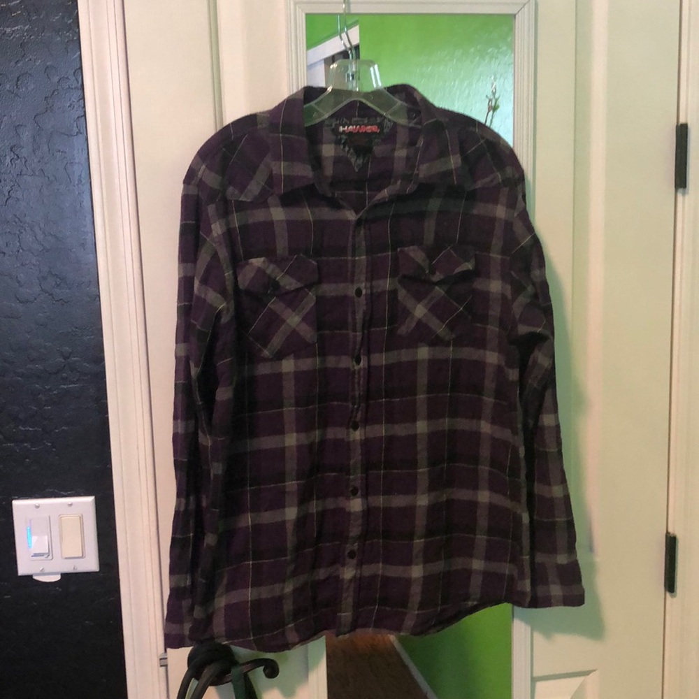 Purple and grey plaid men’s button down